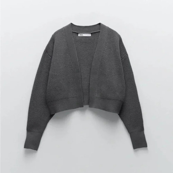 Zara Purl Knit  Open Front Ribbed Knit Cardigan Sweater Grey Size Medium - Picture 4 of 9